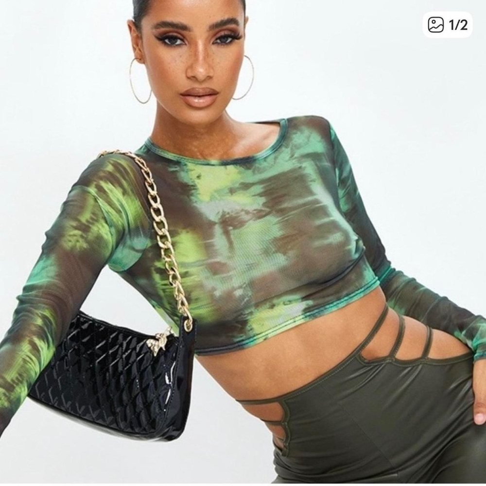 PrettyLittleThing Green Mesh Long Sleeve Crop Top
